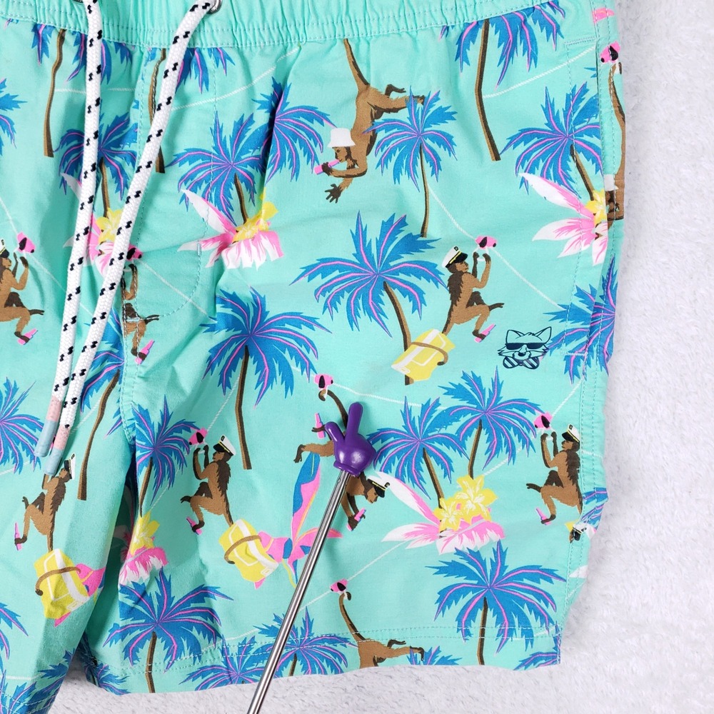 Party Pants Swim Trunks Mens M Aqua Tropical Monkey Palm Tree Beach Party Shorts - Picture 11 of 16